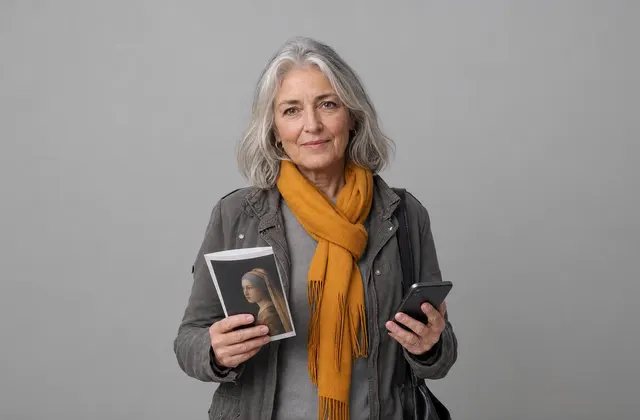Een vrouw met een museumfolder in de ene hand en haar telefoon in de andere