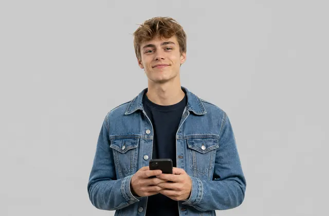 Een jongere houdt zijn telefoon met beide handen vast