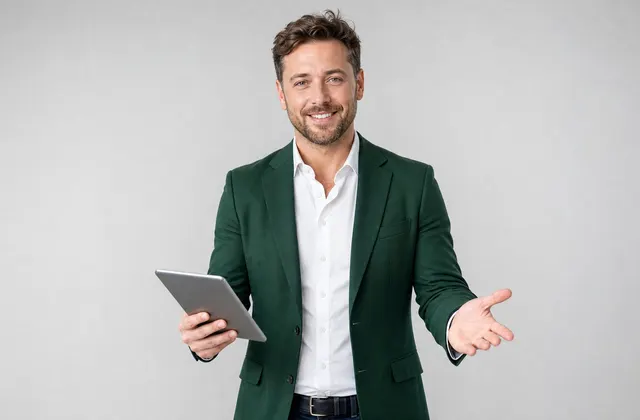 Een medewerker met een tablet staat er open en uitnodigend bij