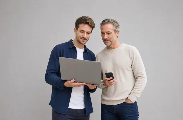 Twee collega’s naast elkaar, de een met een laptop en de ander met een telefoon