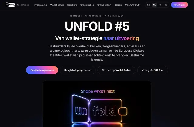 De voorpagina van unfoldnijmegen.eu: UNFOLD #5, 7 en 8 oktober 2026 in Pathé Nijmegen, met de ondertitel "Van wallet-…