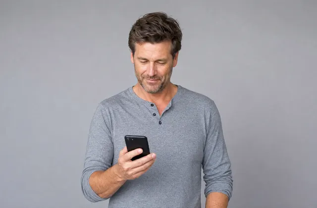 Een man kijkt naar zijn telefoon