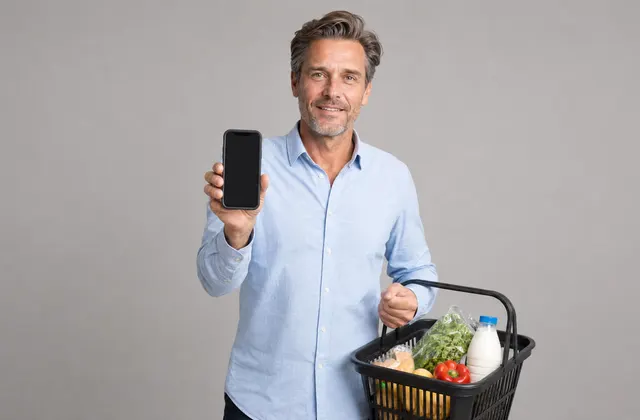 Een man met een winkelmandje laat het scherm van zijn telefoon zien